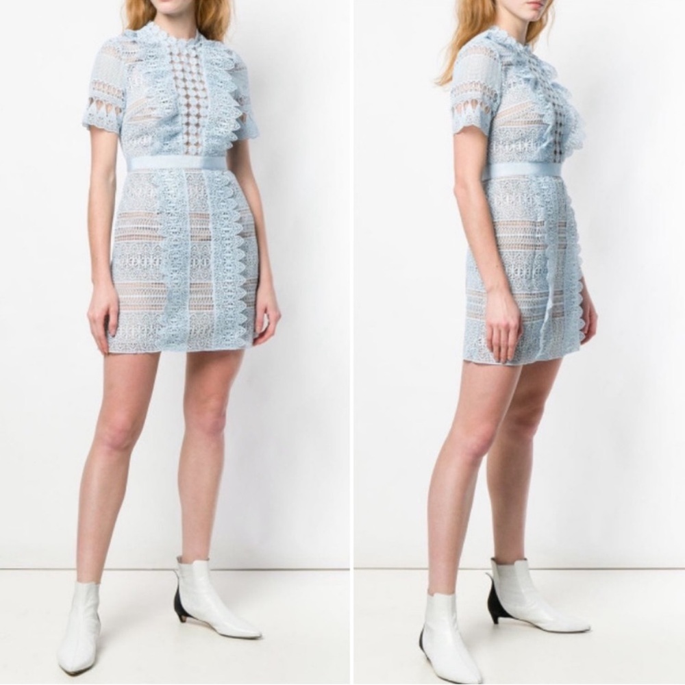 Self-Portrait Blue Spiral Panel Lace Mini Dress Guipure Size 4 - Picture 7 of 16
